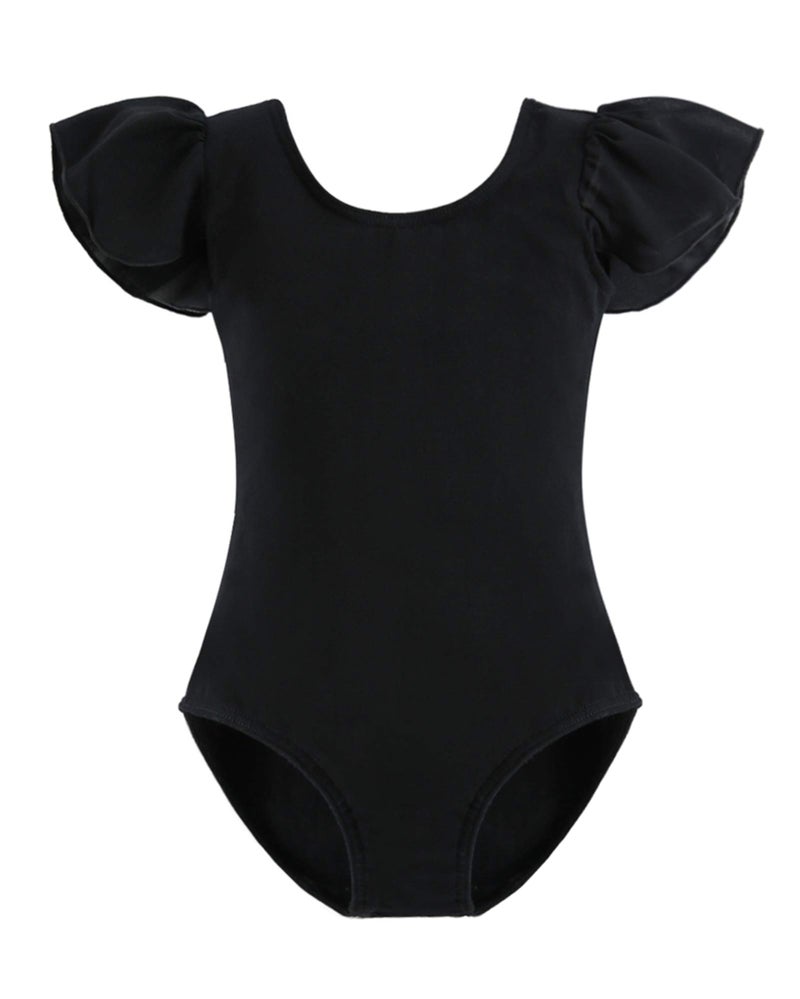 Stelle Girls Leotards Black Ballet Dance Leotards Ruffle Short Sleeve Gymnastics Outfits(Toddler/Little Kid/Big Kid) (Black, 110) - Image 1